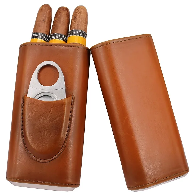 Premium Cigar Case - シガーカッター付きの3本指用レザーケース、携帯用トラベルホルダー、高級キャリングケース