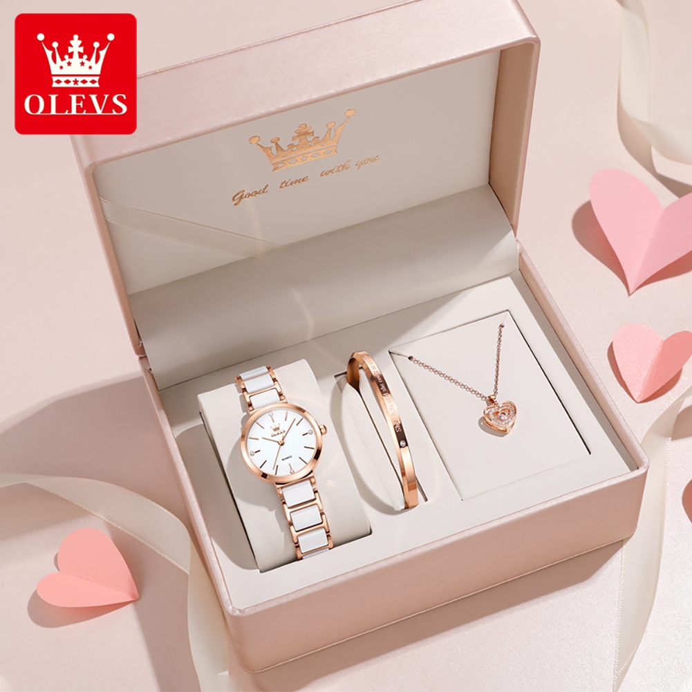 Luxury Gift Set - OLEVSレディース腕時計5877高級エレガントクォーツ腕時計防水夜光セラミックストラップレディース腕時計ブレスレットセットギフトボックス時計