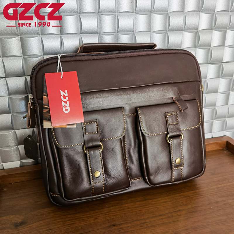 Leather Briefcase - GZCZ メンズハンドバッグレジャービジネスコンピュータバッグヘッドレイヤー牛革横型スタイルブリーフケースショルダーバッグ仕事用