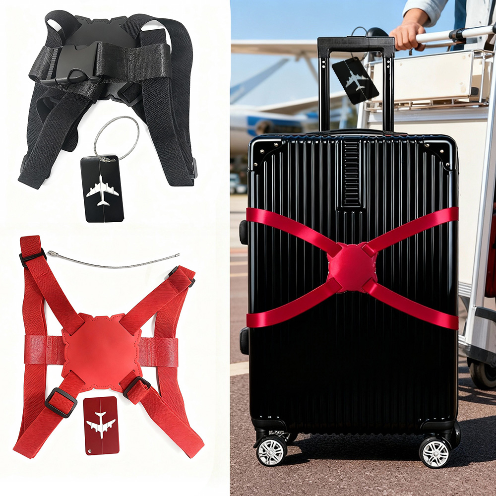 Travel Luggage Set - 2個/セットの屋外旅行用荷物タグと荷物ストラップの組み合わせセット、厚みのある伸縮性のあるスーツケースラッピングストラップとアルミニウム合金製荷物タグ、旅行や新学期の荷物保管に最適です。