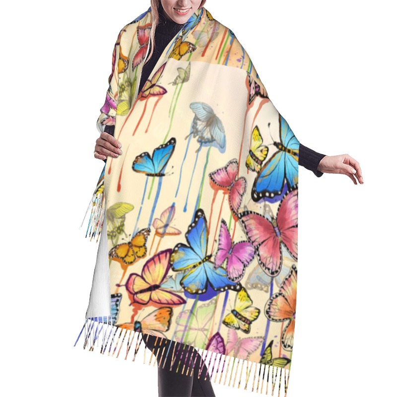 Cashmere Scarf - レトロな蝶柄の冬用カシミヤスカーフ、女性用高級プリントショール、厚手で暖かいブランケット、ギフトに最適