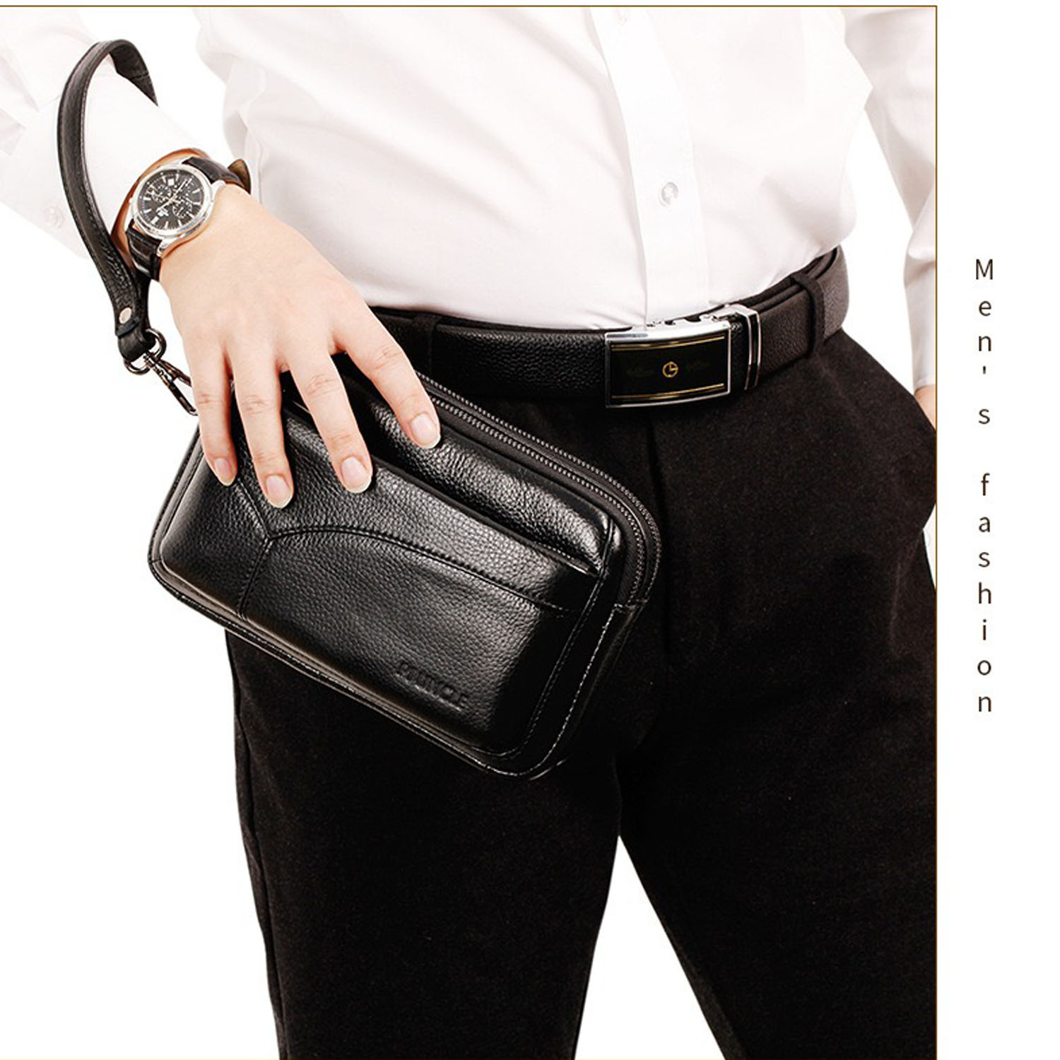 Leather Wallet Men - メンズ本革ファッションビジネスクラッチバッグ、ヴィンテージリストレットウォレット、小銭入れ、財布、ワークハンドバッグ、携帯電話デイバッグ、ブラック