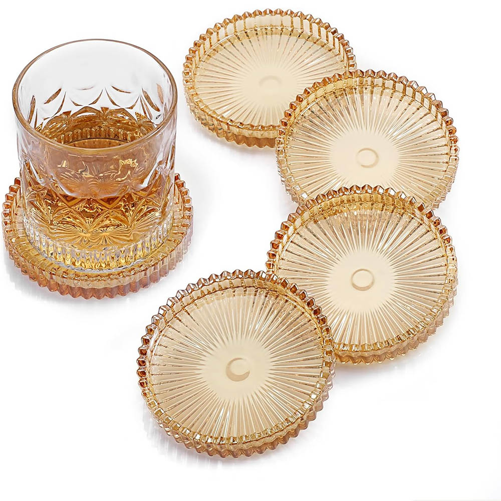 Marble Coaster Set - モダンな琥珀色のガラスコースター、クリスタルコースター、丸型カップコースター、コーヒーテーブルの装飾、オフィス、キッチン、バー、ダイニングルーム用