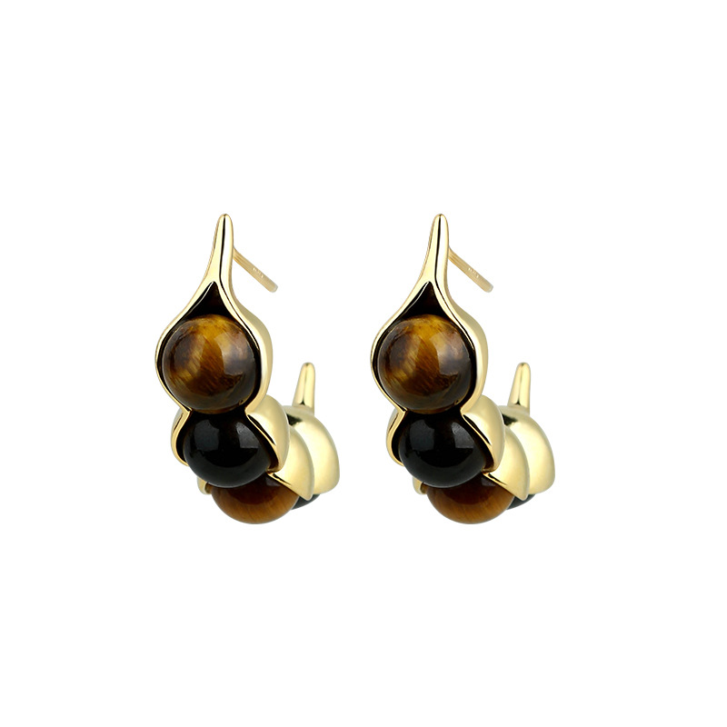 Gold Plated Jewelry - タイガーアイポッドイヤリング宝石本物のジュエリーデザイナー耳スタッドヴィンテージファッションアクセサリー 18K ゴールドメッキチャームお守り高級