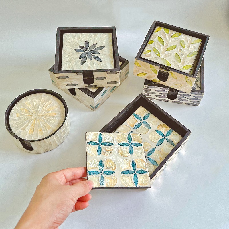 6 個のカラフルなシェルコースターセットサークル/スクエアテ - Marble Coaster Set のレビューと価格