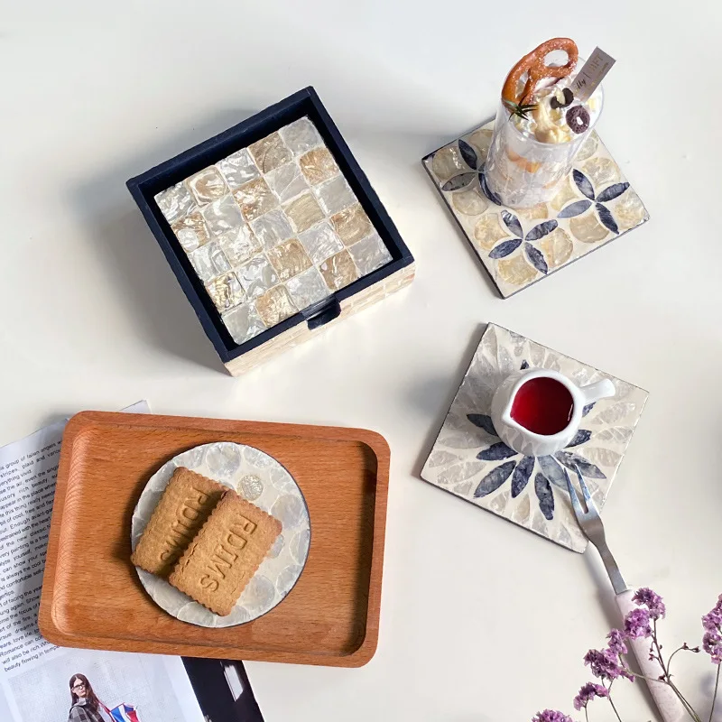 6 個のカラフルなシェルコースターセットサークル/スクエアテ - Marble Coaster Set のレビューと価格