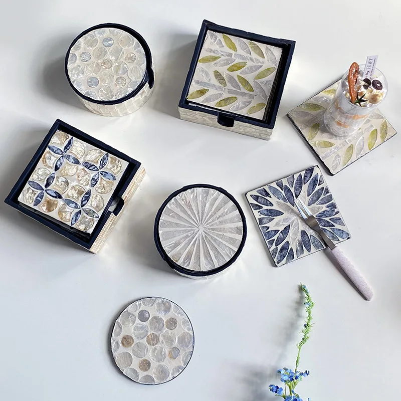 6 個のカラフルなシェルコースターセットサークル/スクエアテ - Marble Coaster Set のレビューと価格