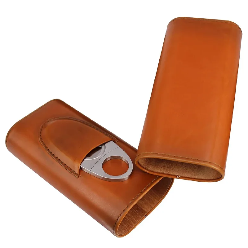 シガーカッター付きの3本指用レザーケース、携帯用トラベルホル - Premium Cigar Case のレビューと価格