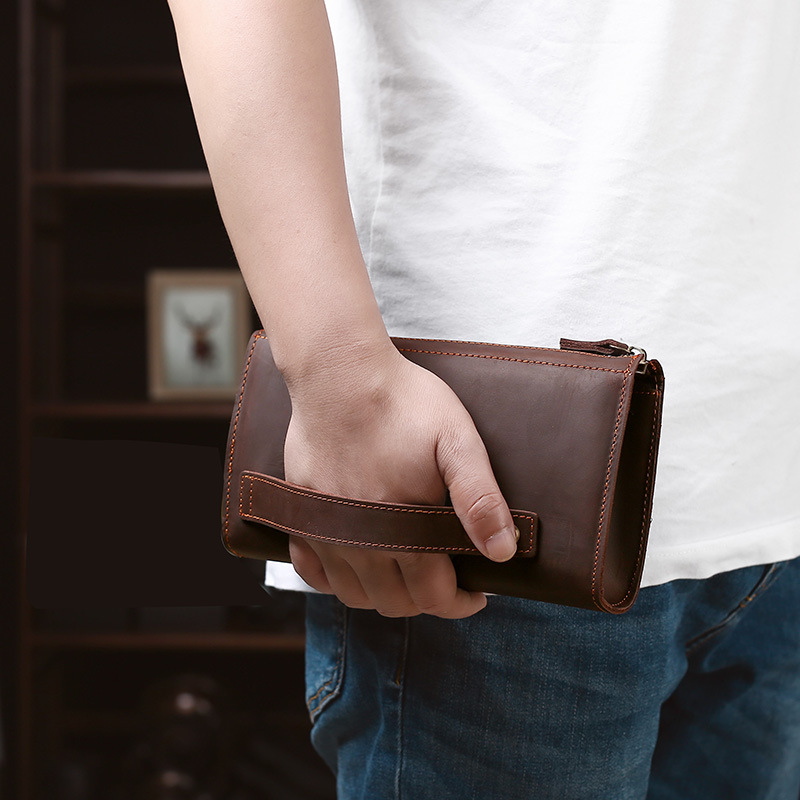 メンズクラッチロングハンドバッグビジネスヴィンテージ牛革男性 - Leather Wallet Men のレビューと価格