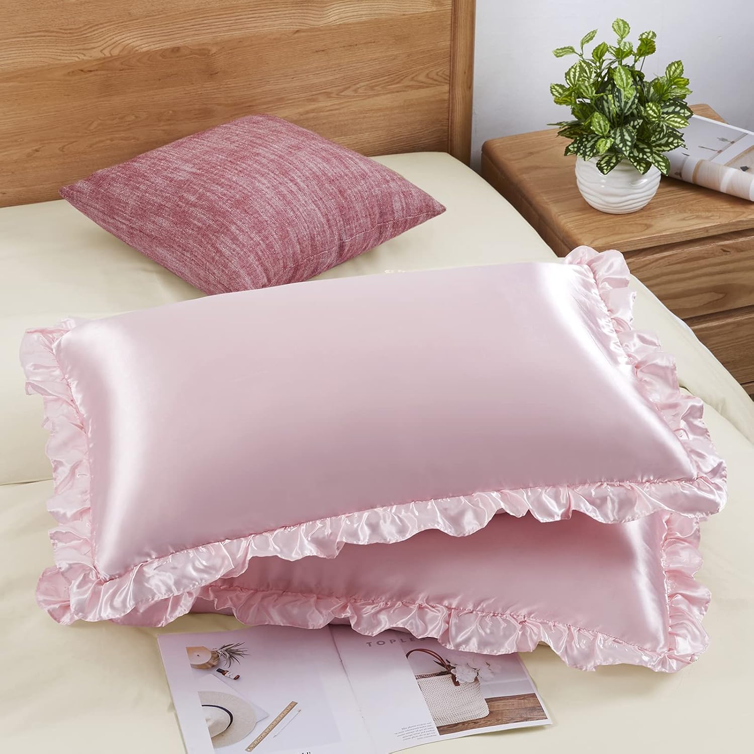 2 個のサテンフリル枕カバー、髪と肌用、無地のシルク枕カバー - Silk Pillowcase のレビューと価格